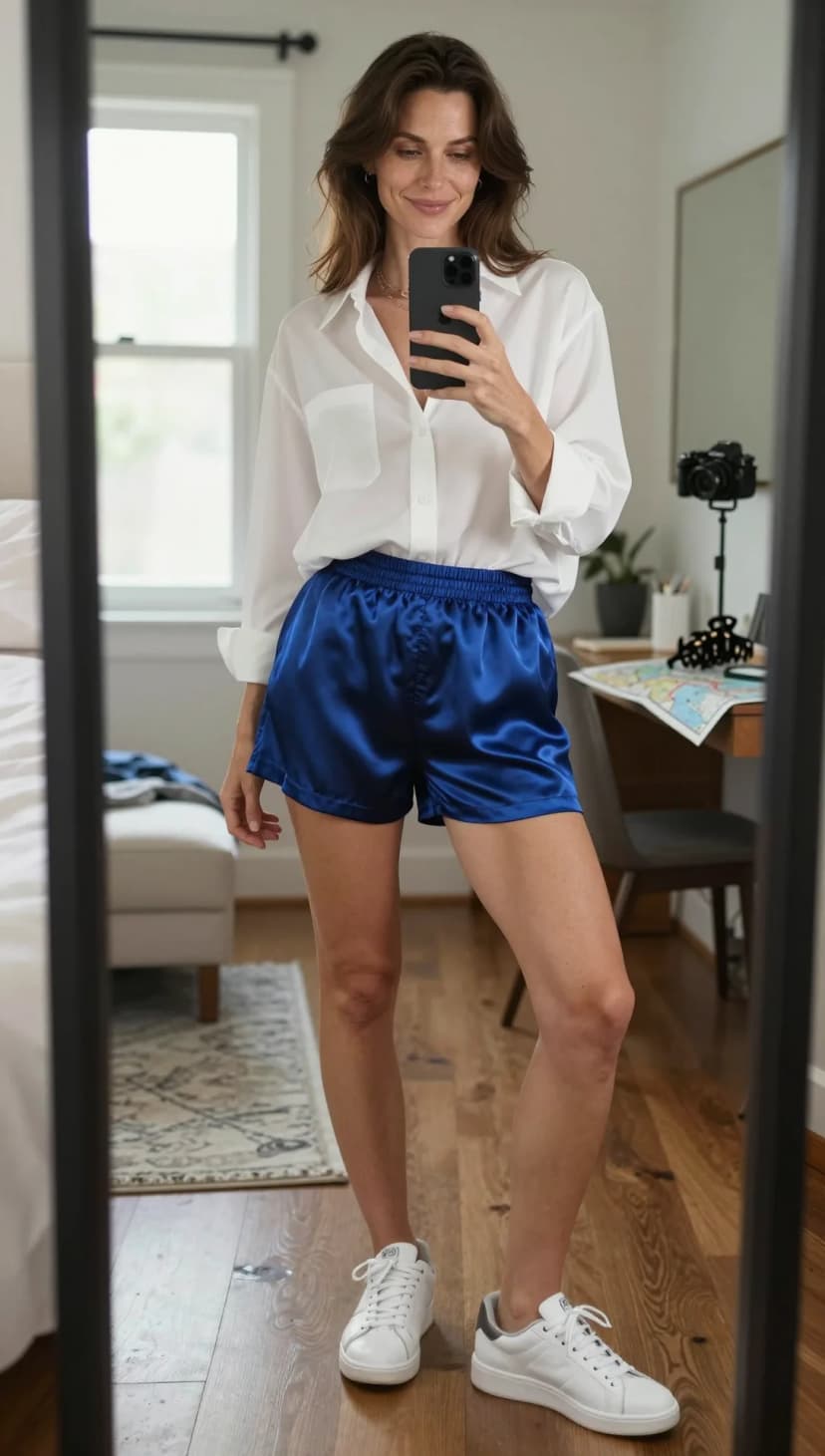 White Poplin Button-Up Shirt + Royal Blue Satin Shorts + White Leather Sneakers