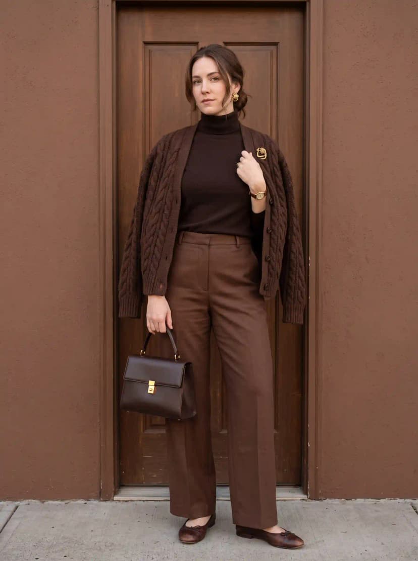 Chocolate brown turtleneck, cable-knit cardigan, tailored trousers, and pointed-toe flats