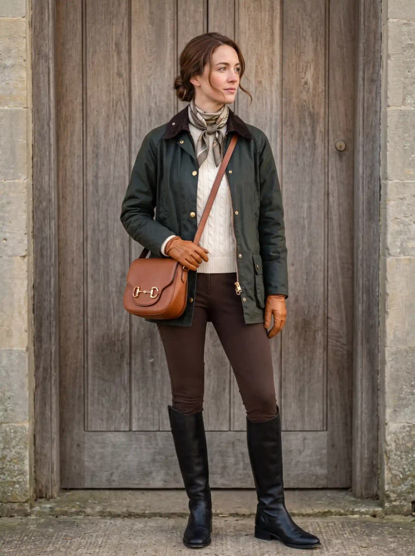 Olive waxed cotton jacket, cream cable-knit sweater, brown skinny pants, and black riding boots