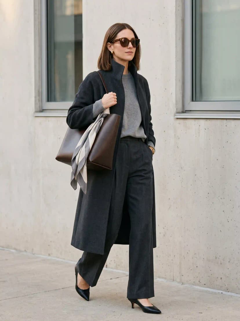 Charcoal longline coat, grey crewneck sweater, dark tailored trousers, and black pumps