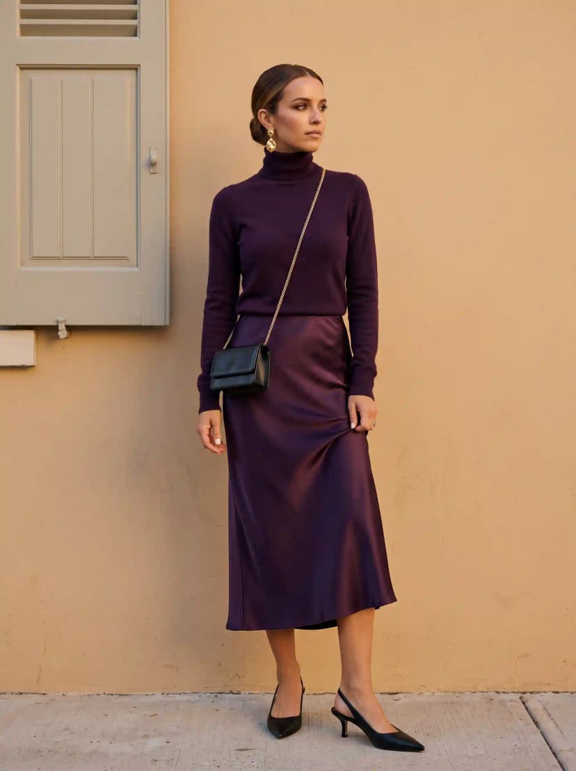 Plum turtleneck sweater, plum satin midi skirt, and black slingback pumps
