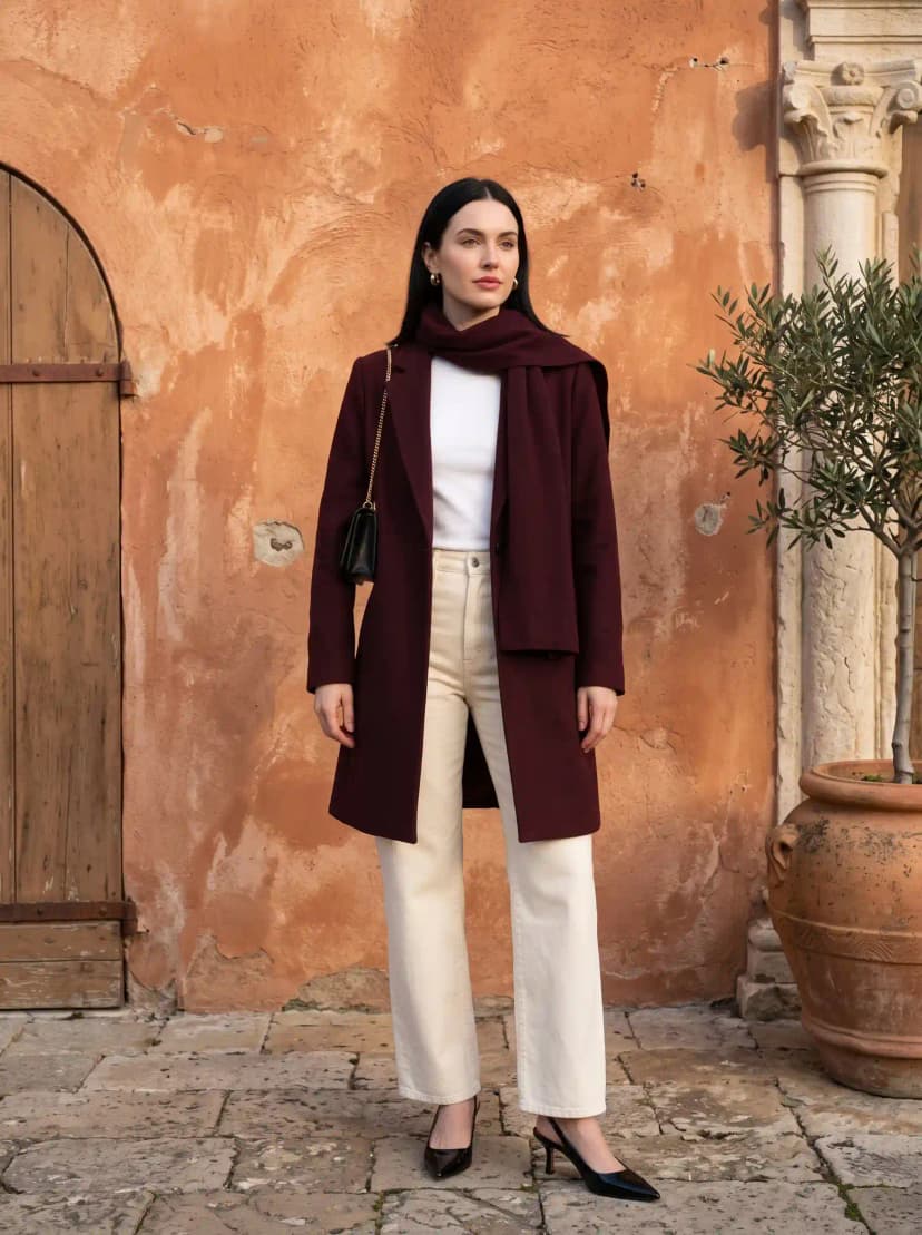 Burgundy mid-length coat, white top, cream wide-leg trousers, and black slingback pumps