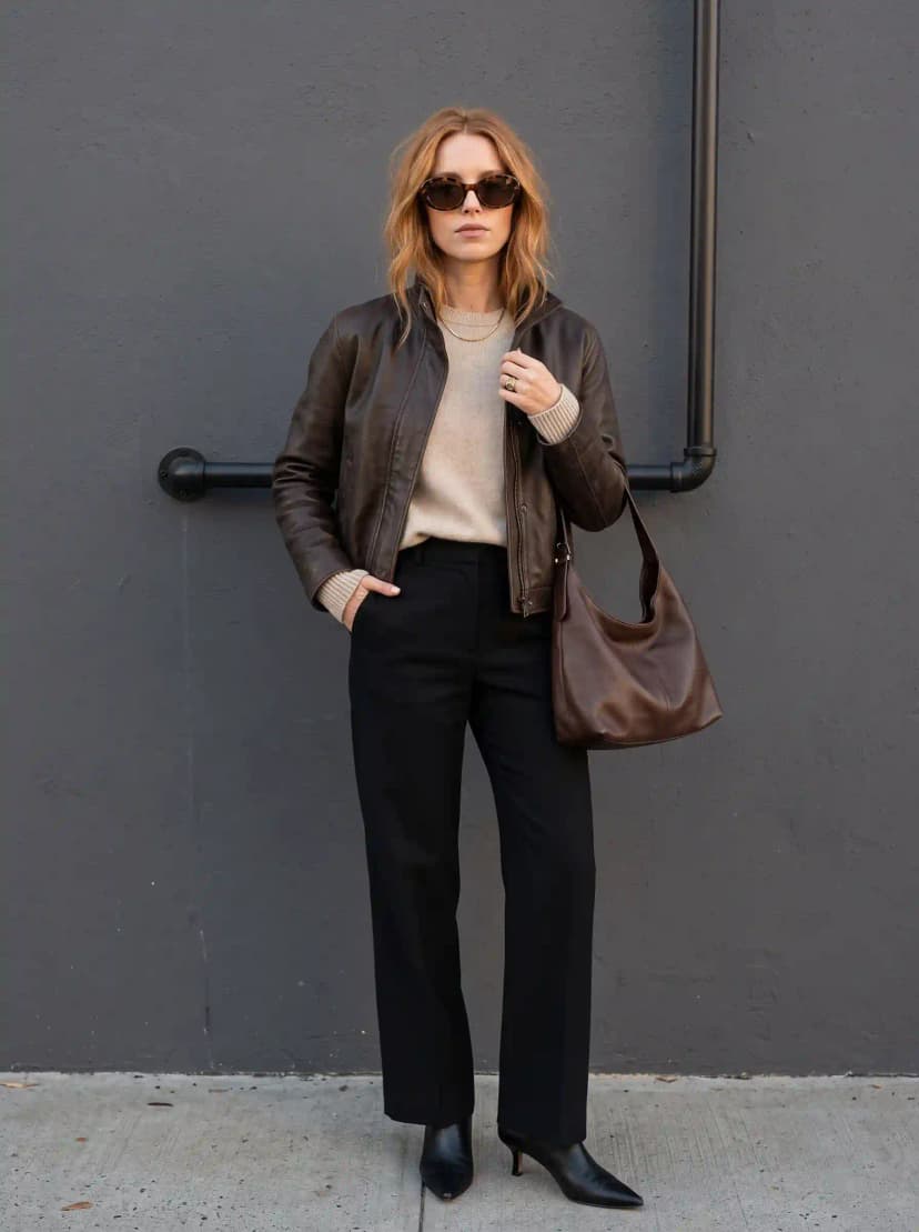 Brown leather jacket, cream crewneck sweater, black tailored trousers, and heeled ankle boots