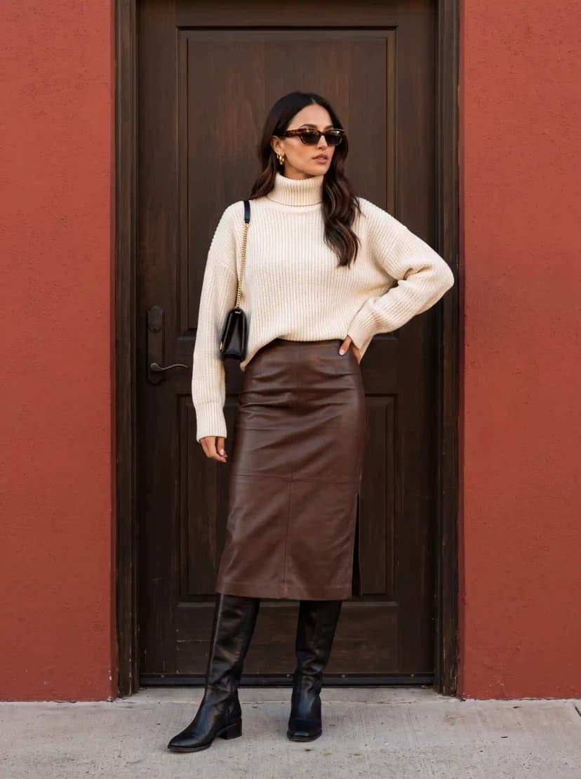 Cream chunky ribbed turtleneck, chocolate brown leather midi skirt, and black knee-high boots