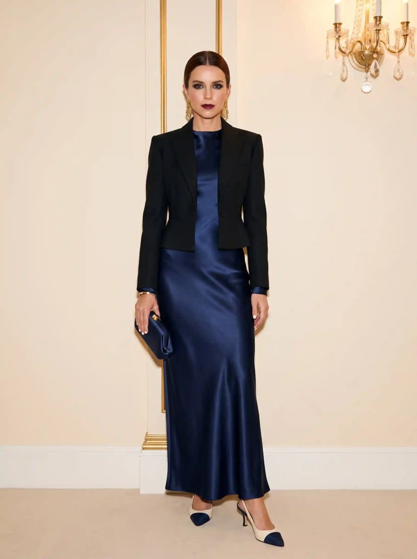 Black fitted blazer, navy satin slip maxi dress, and two-tone pumps