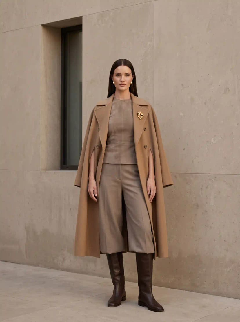 Camel cape coat, tan knit top, tan culottes, and brown knee-high boots