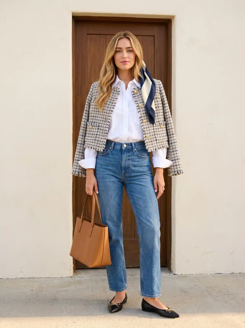 Navy tweed boucle jacket, white button-down shirt, medium-wash jeans, and black ballet flats