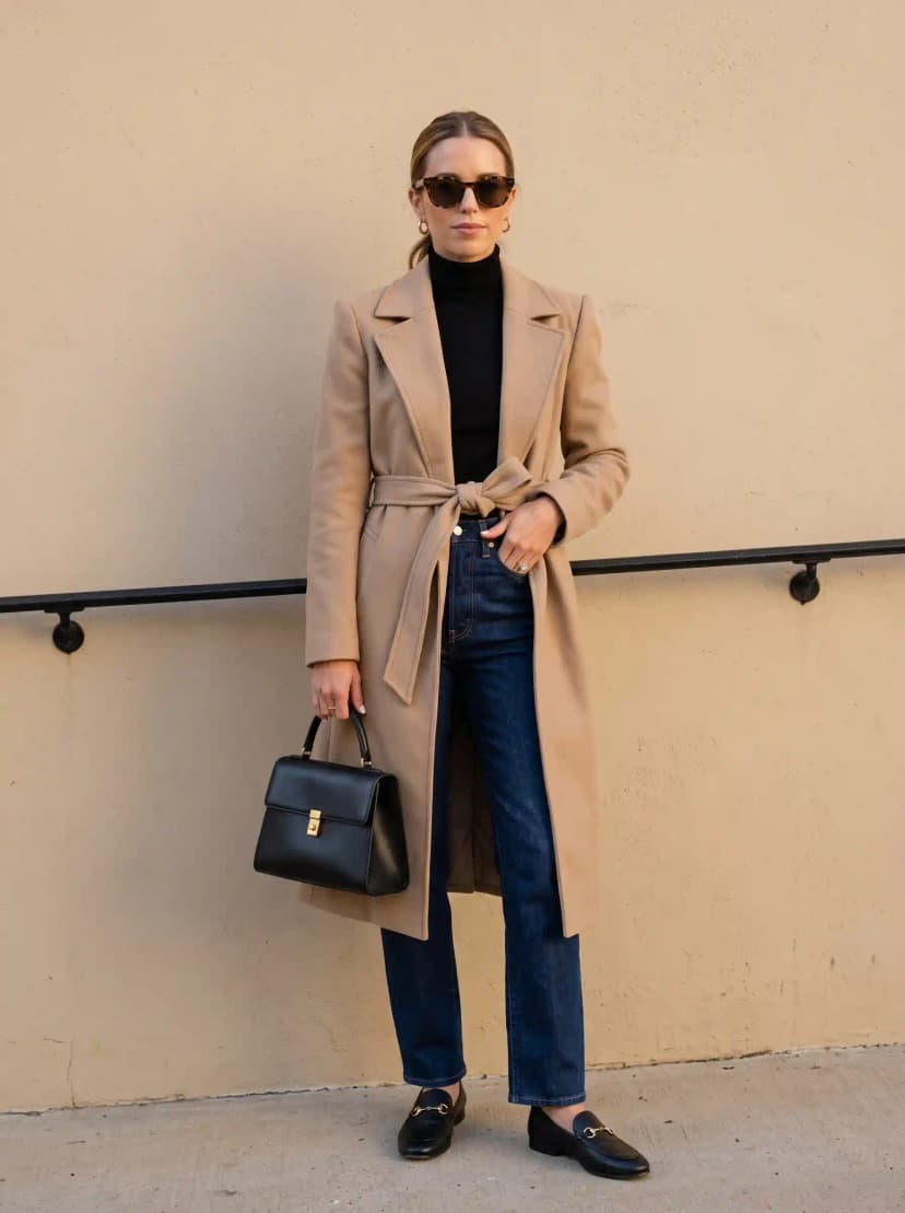 Camel longline wrap coat, black turtleneck, dark wash jeans, and black loafers