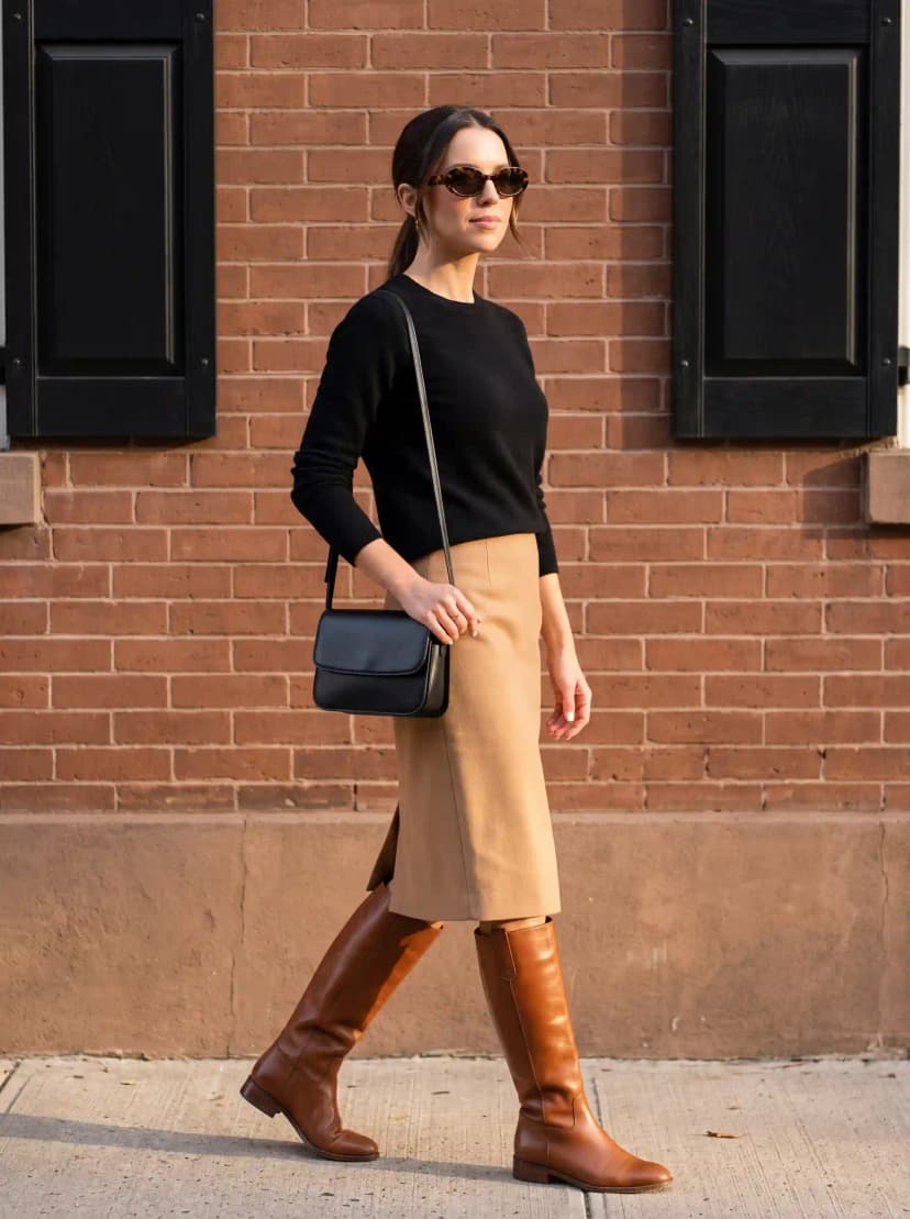 Black fitted crewneck sweater, camel midi pencil skirt, and cognac knee-high boots