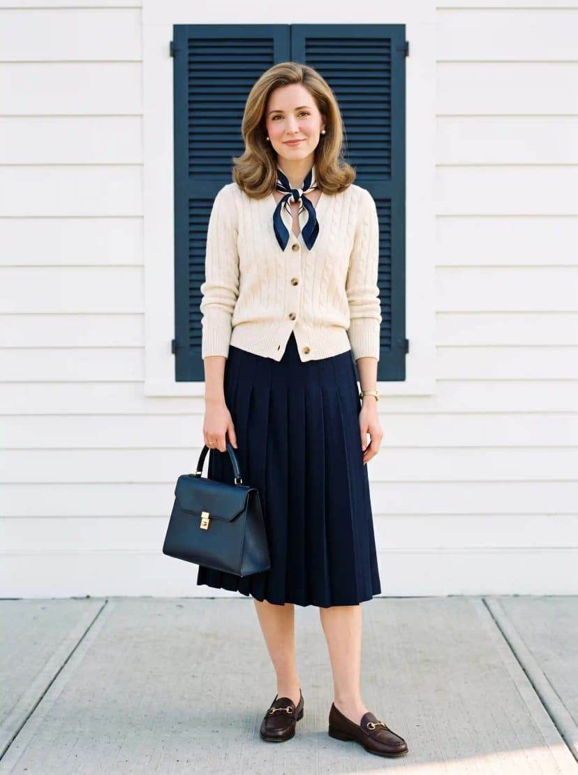 Cream cable-knit cardigan, navy pleated midi skirt, brown loafers, and silk neck scarf