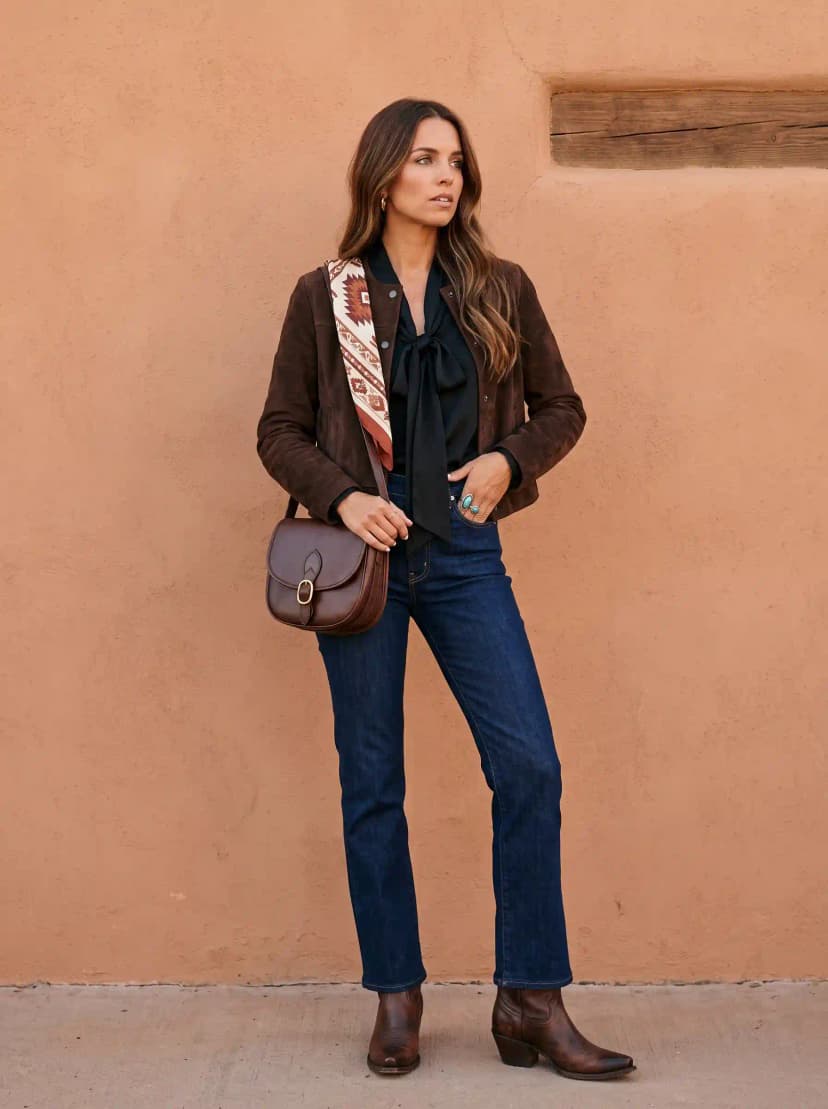 Dark brown suede jacket, black pussy-bow blouse, dark wash jeans, and brown ankle boots