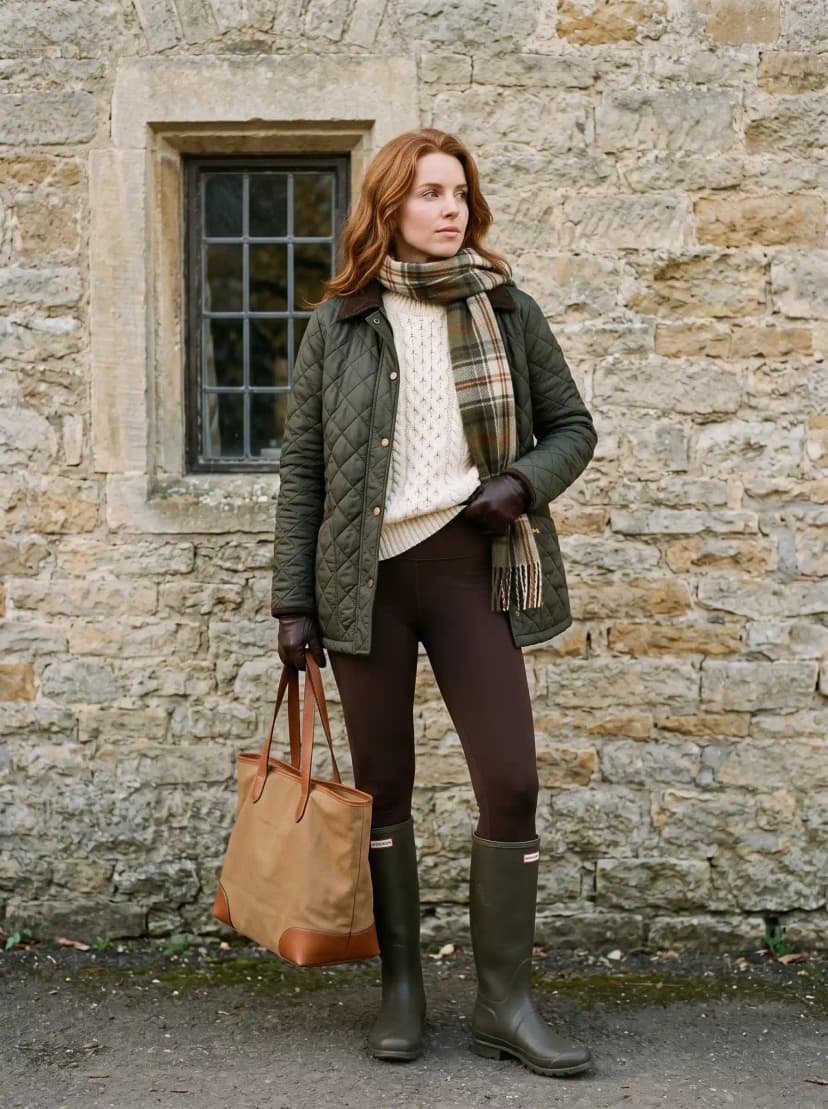 Olive quilted jacket, cream cable-knit sweater, brown leggings, and olive Hunter rain boots