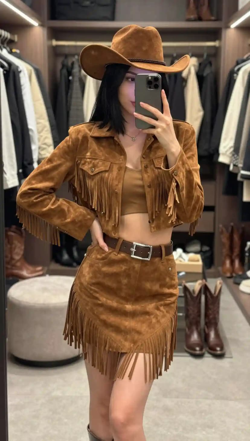 Bathroom selfie of woman in monochromatic all-brown full suede fringed set