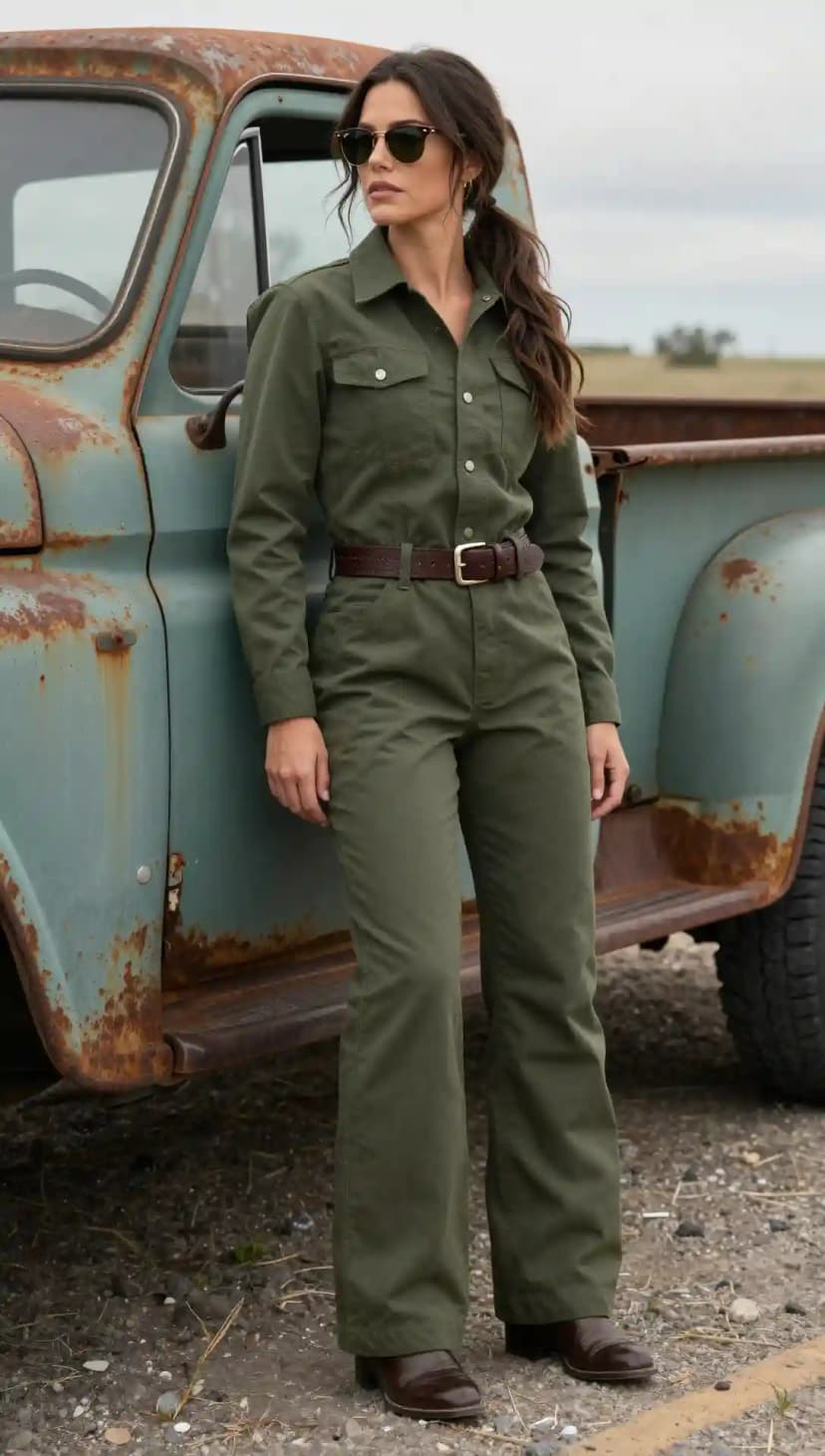 Olive Cotton Twill Jumpsuit + Brown Leather Belt + Brown Leather Boots