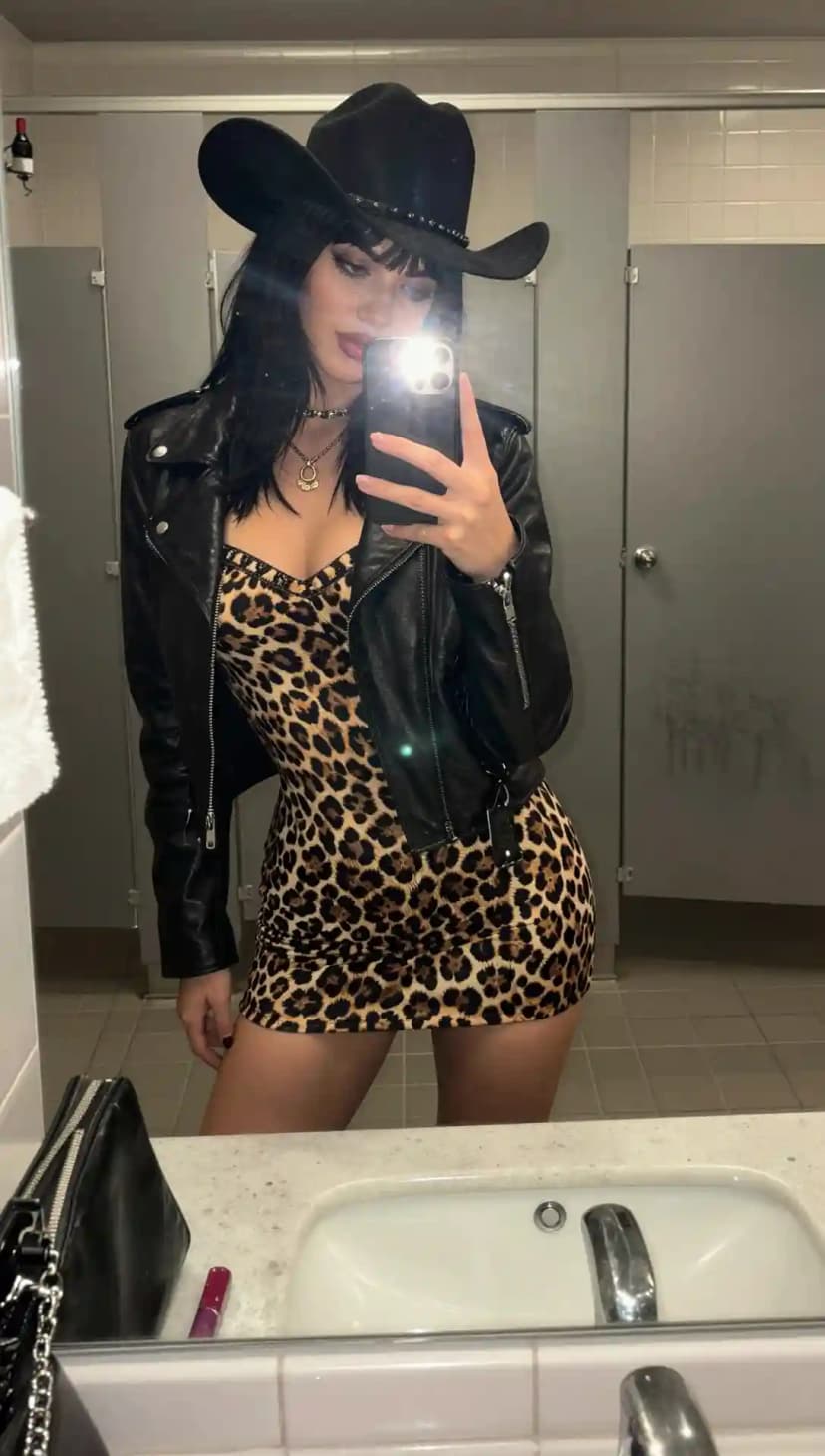 Black Leather Biker Jacket + Leopard Print Slip Dress + Black Studded Cowboy Hat