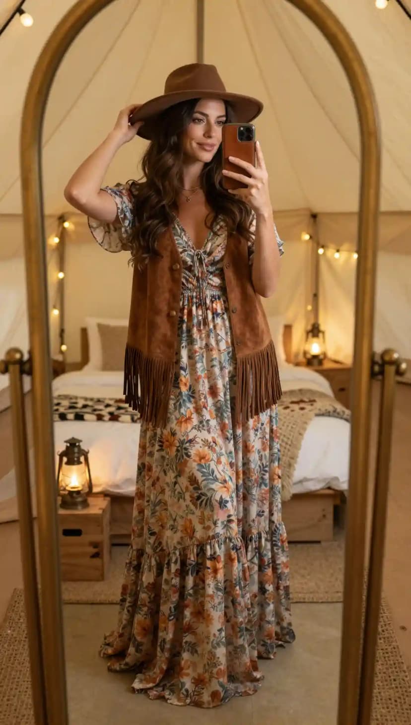Brown Suede Fringe Vest + Floral Print Maxi Dress + Brown Fedora
