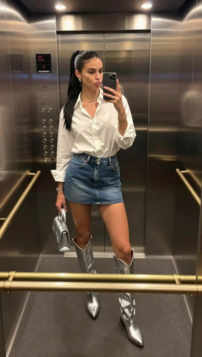 White Cotton Poplin Button-Up Shirt + Blue Denim Mini Skirt + Silver Metallic Cowboy Boots