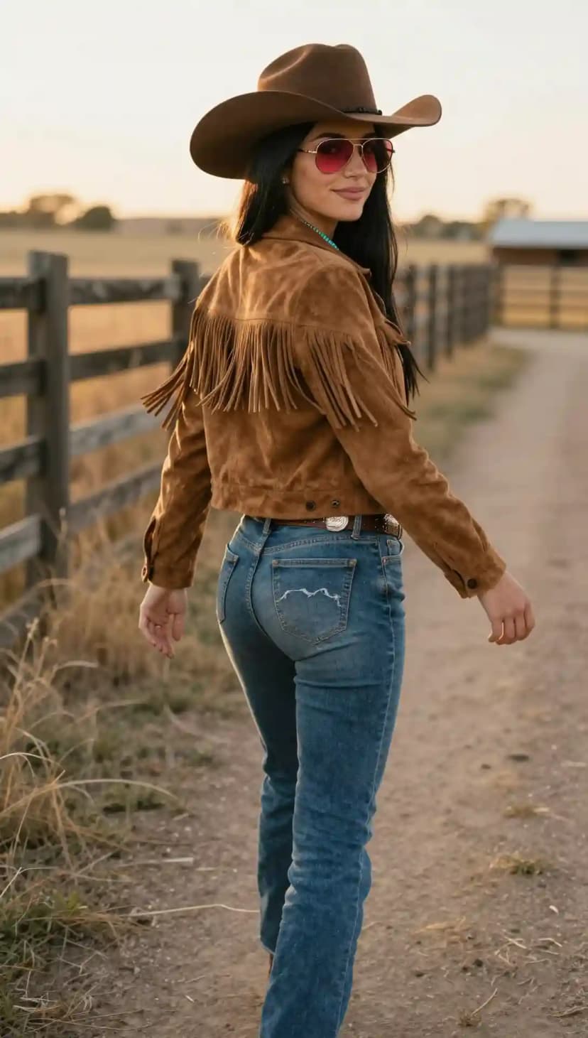 Back view of Suede Fringe Jacket and embroidered pocket Jeans