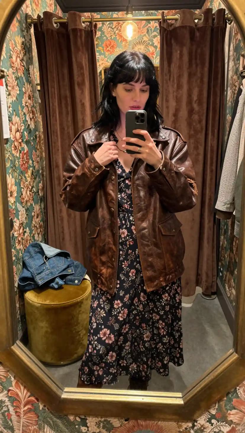 Brown Distressed Leather Jacket + Navy Floral Print Midi Dress