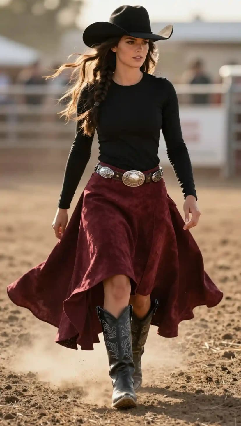 Black Long Sleeve Top + Burgundy Suede Midi Skirt + Black Leather Cowboy Boots