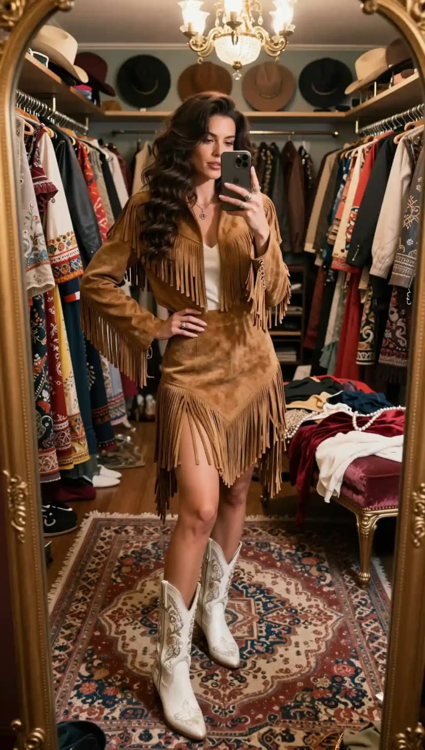 Brown Suede Fringed Jacket + Brown Suede Fringed Mini Skirt + White Embroidered Boots