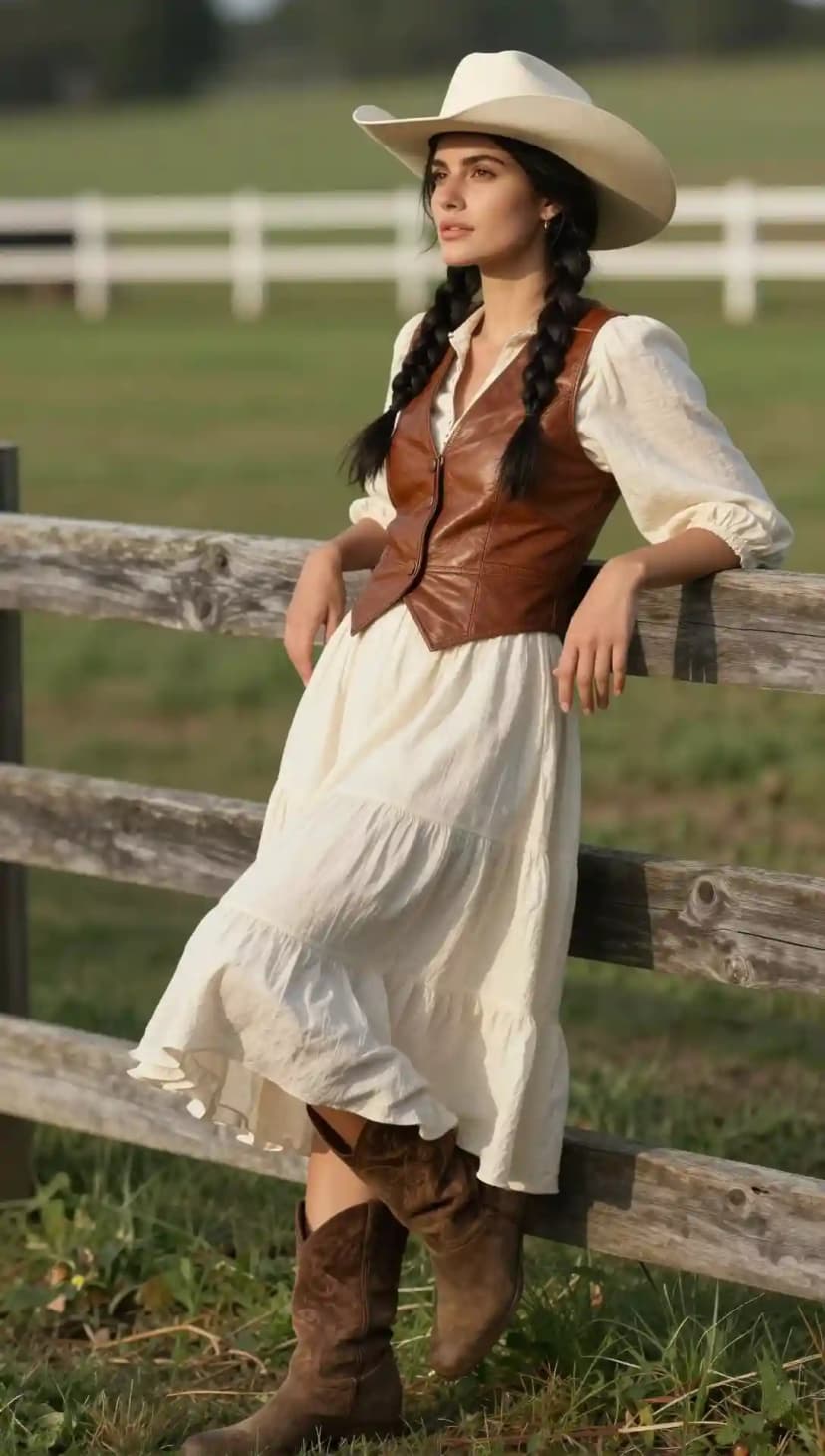 Women in braided pigtails wearing a cream gauzy tiered maxi dress and hard leather vest