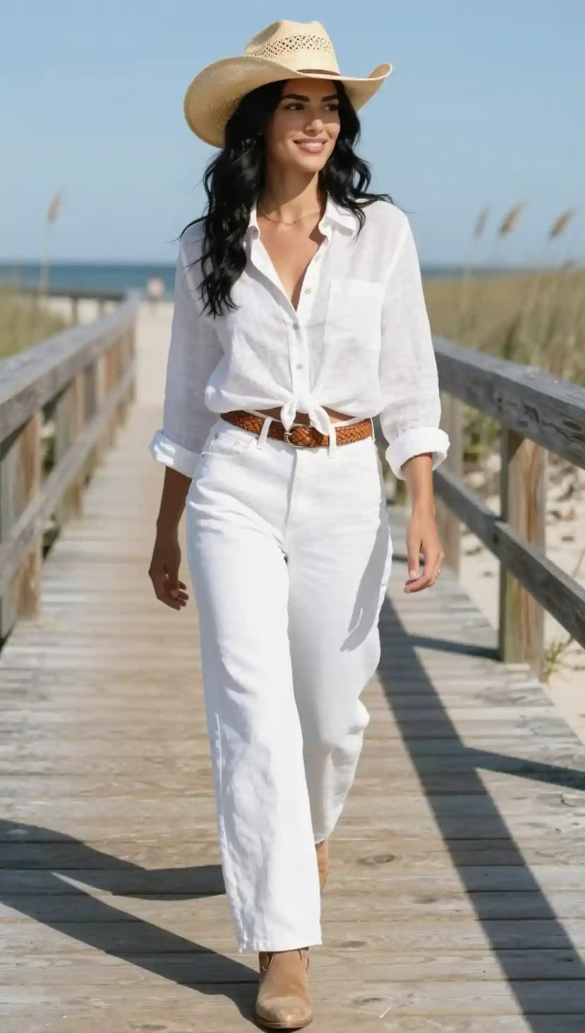 Women in tied linen shirt and light jeans on boardwalk