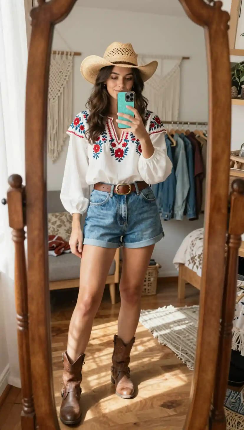 Boho mirror selfie of woman in straw hat, white peasant blouse with red and blue embroidery and distressed denim shorts and rugged brown boots