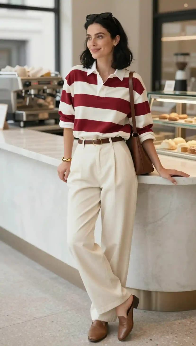 Red and White Striped Rugby Shirt + Cream Wide-Leg Trousers
