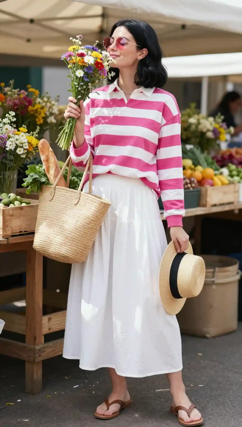 Pink and White Striped Rugby Shirt + White Tiered Midi Skirt