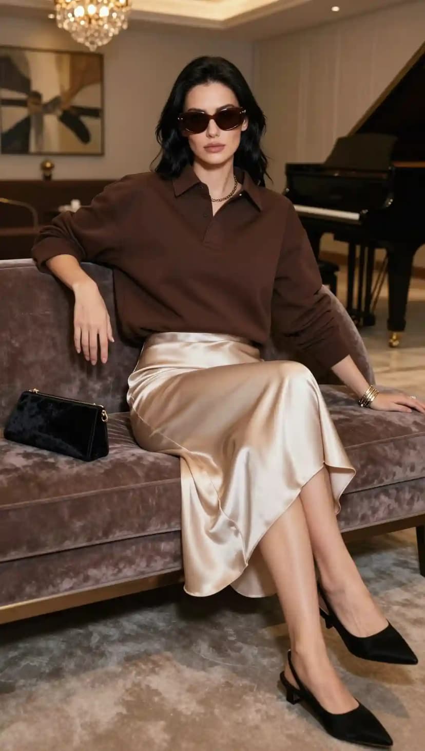 Brown Rugby Shirt + Champagne Satin Midi Skirt
