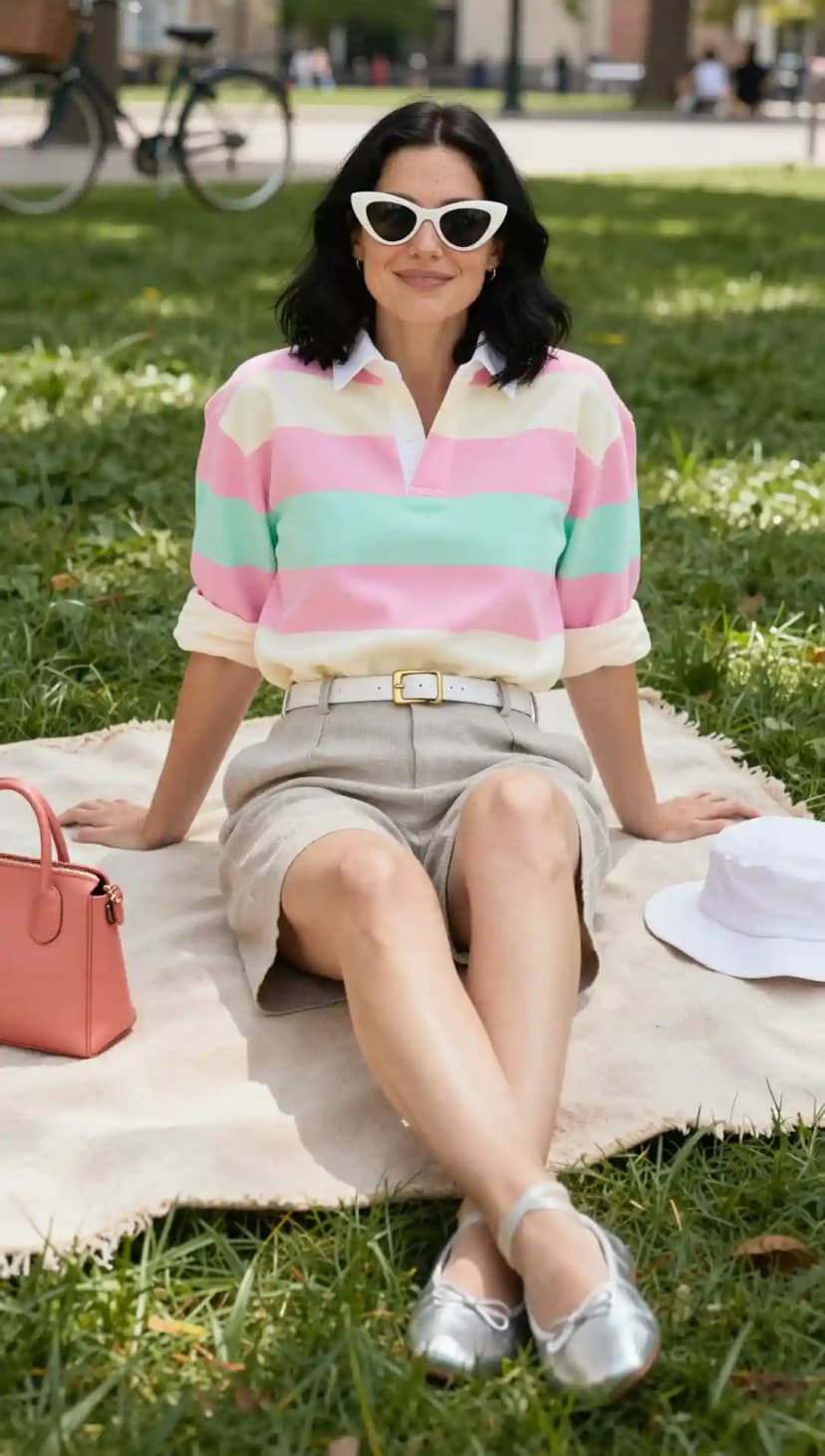 Multi-Colored Striped Rugby Shirt + Beige Linen Shorts