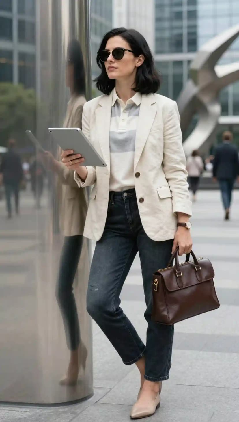 Grey and White Striped Rugby Shirt + Beige Linen Blazer + Dark Wash Jeans