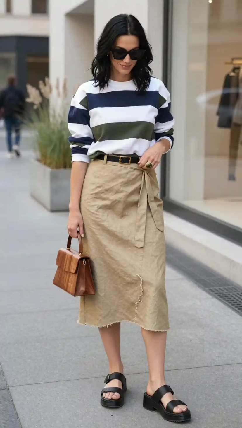 Navy, Green, and White Striped Rugby Shirt + Beige Wrap Skirt