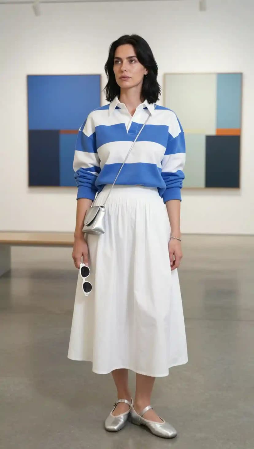 Blue and White Striped Rugby Shirt + White Tiered Midi Skirt