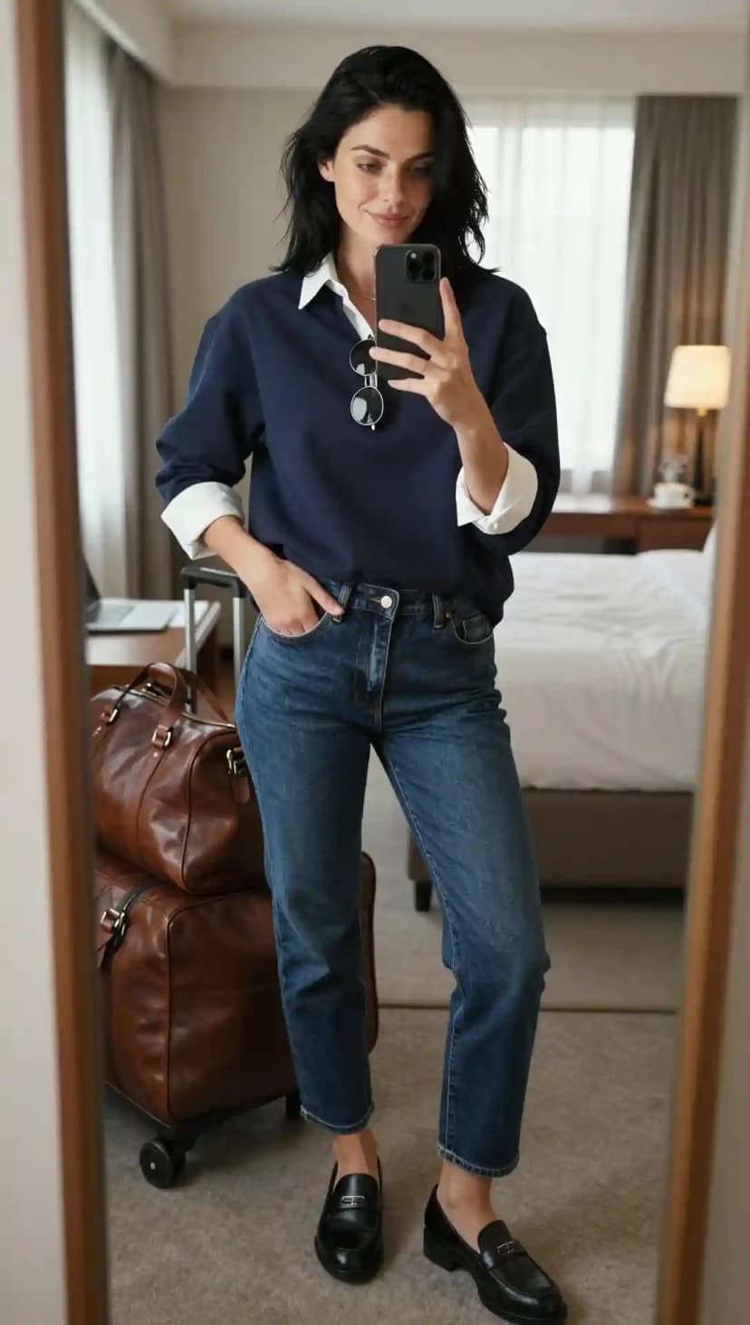 Navy Rugby Shirt + Blue Straight-Leg Jeans