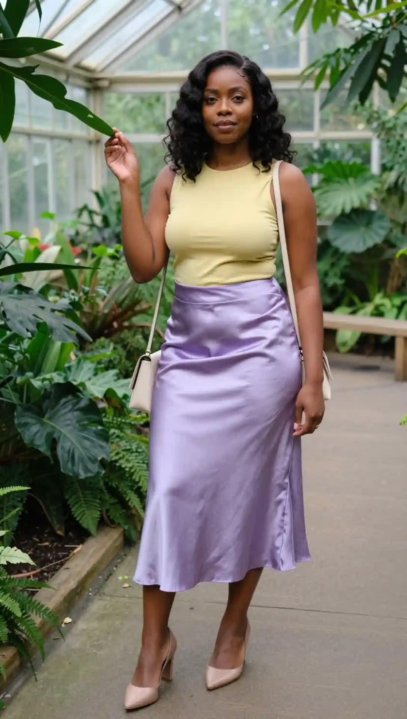 Yellow Knit Tank + Lavender Satin Midi Skirt + Nude Pointed Heels