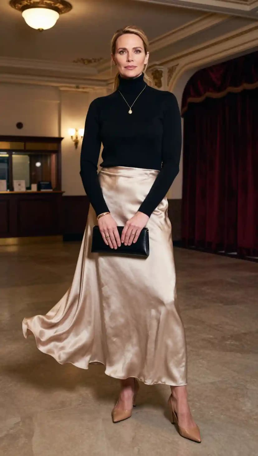 Black Ribbed Knit Turtleneck + Champagne Satin Maxi Skirt