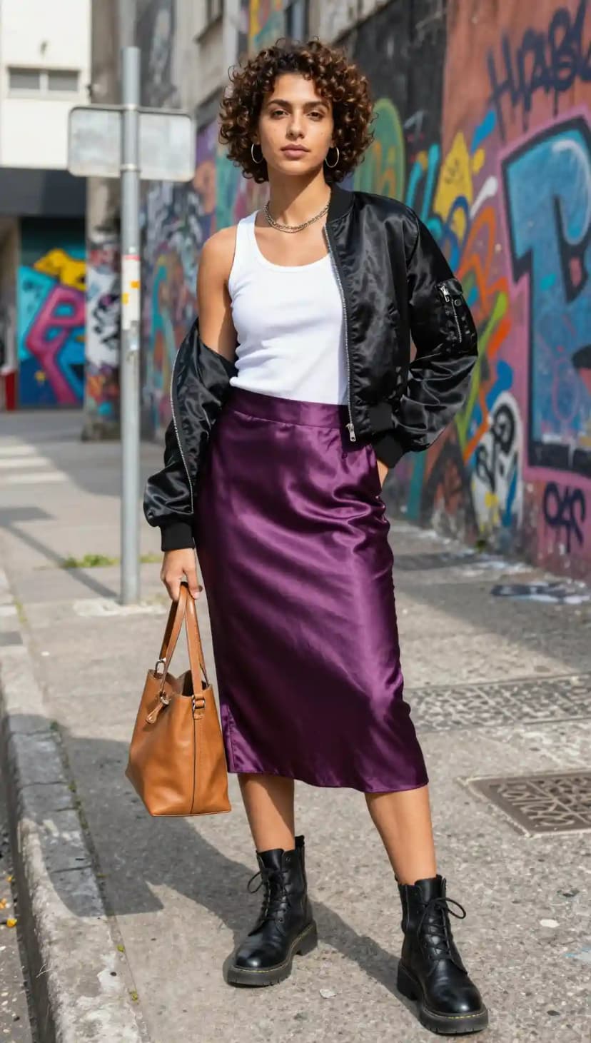 White Ribbed Tank Top + Purple Satin Midi Skirt + Black Bomber Jacket