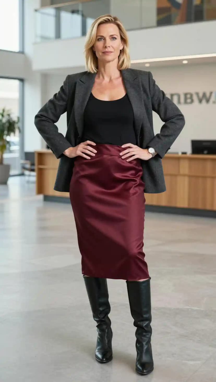 Black Tank Top + Burgundy Satin Midi Skirt + Grey Blazer + Black Leather Knee-High Boots