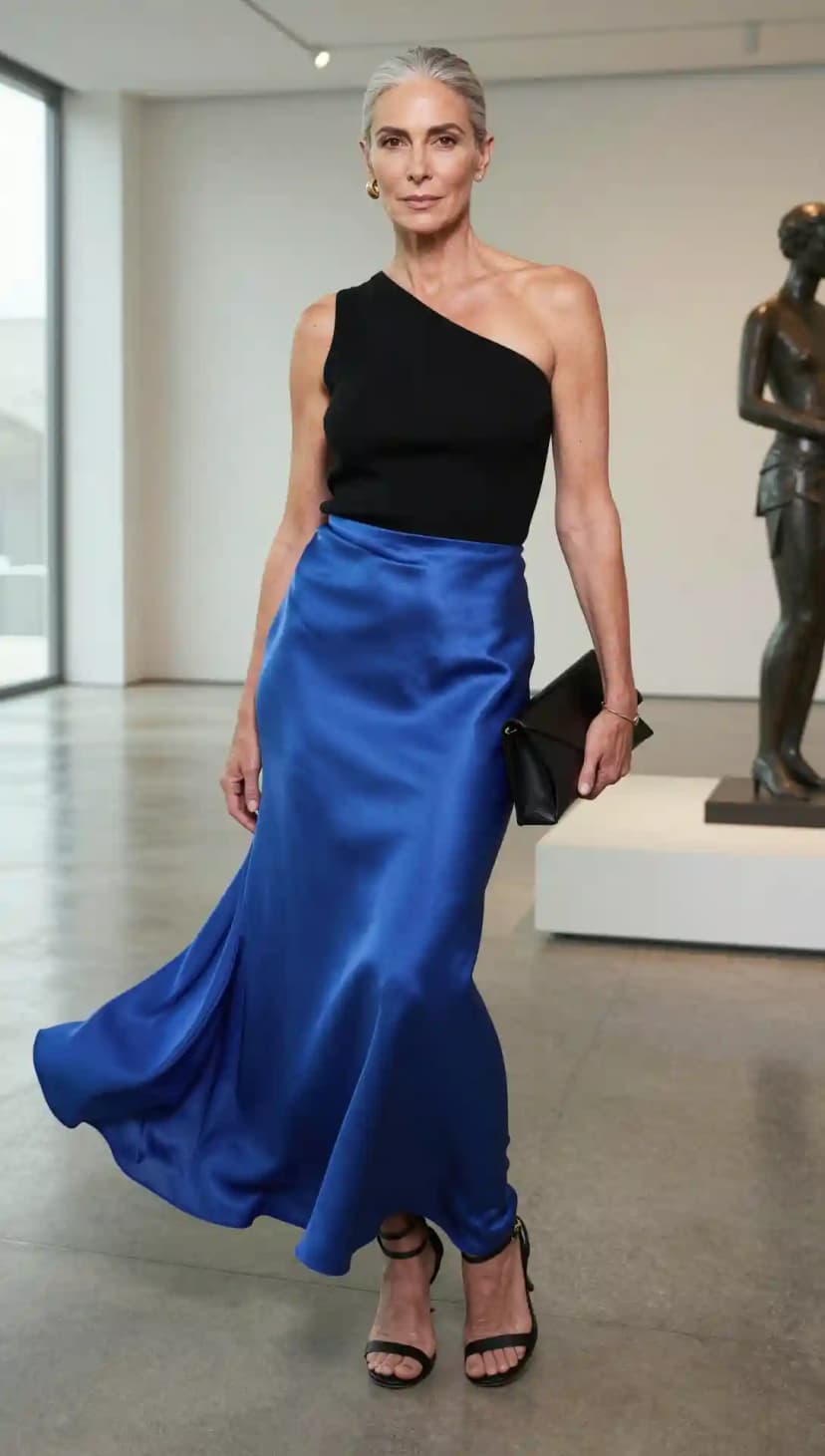 Black Knit One-Shoulder Top + Royal Blue Satin Maxi Skirt