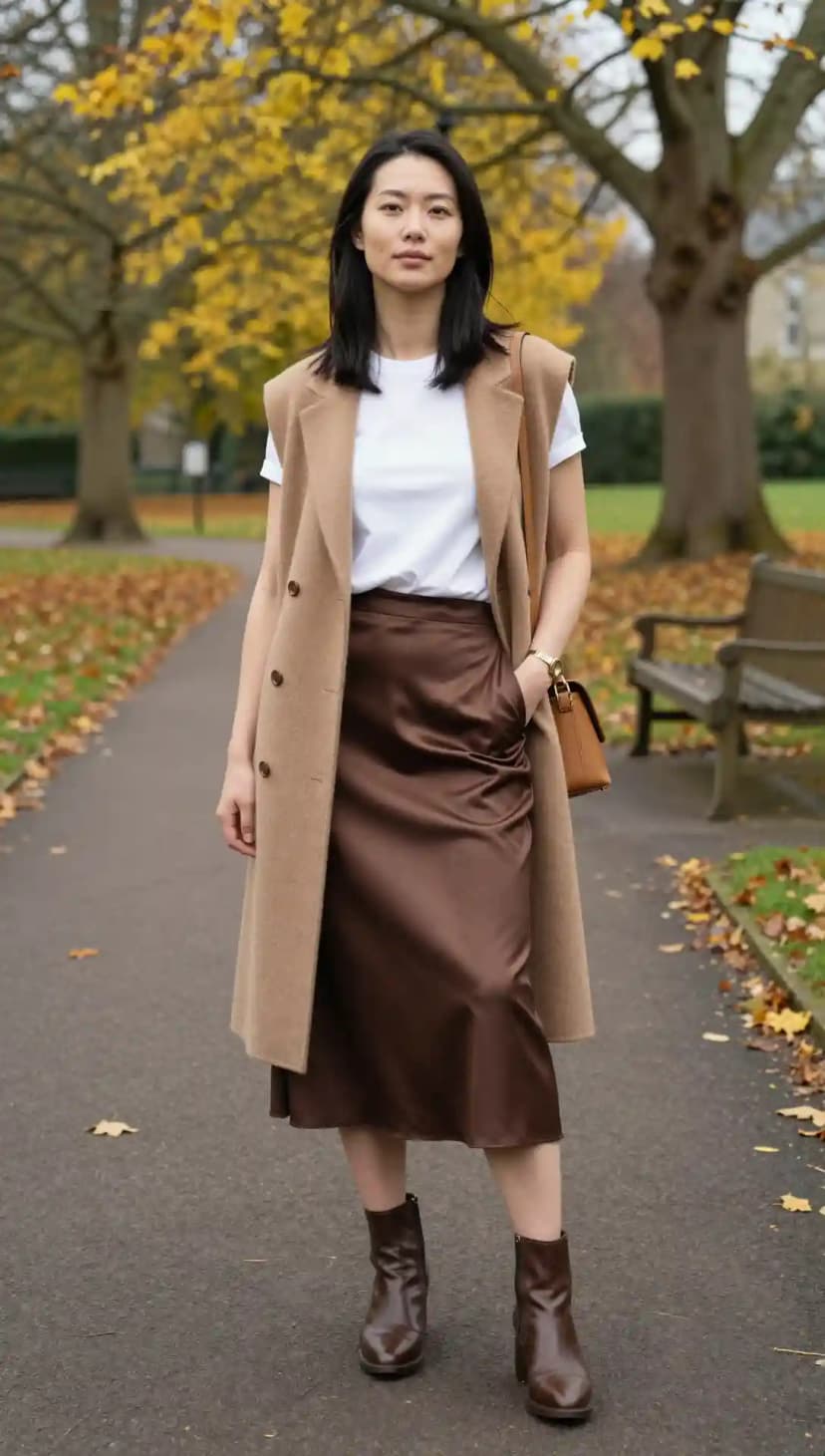White Cotton T-shirt + Brown Satin Midi Skirt + Camel Wool Sleeveless Coat + Brown Leather Ankle Boots