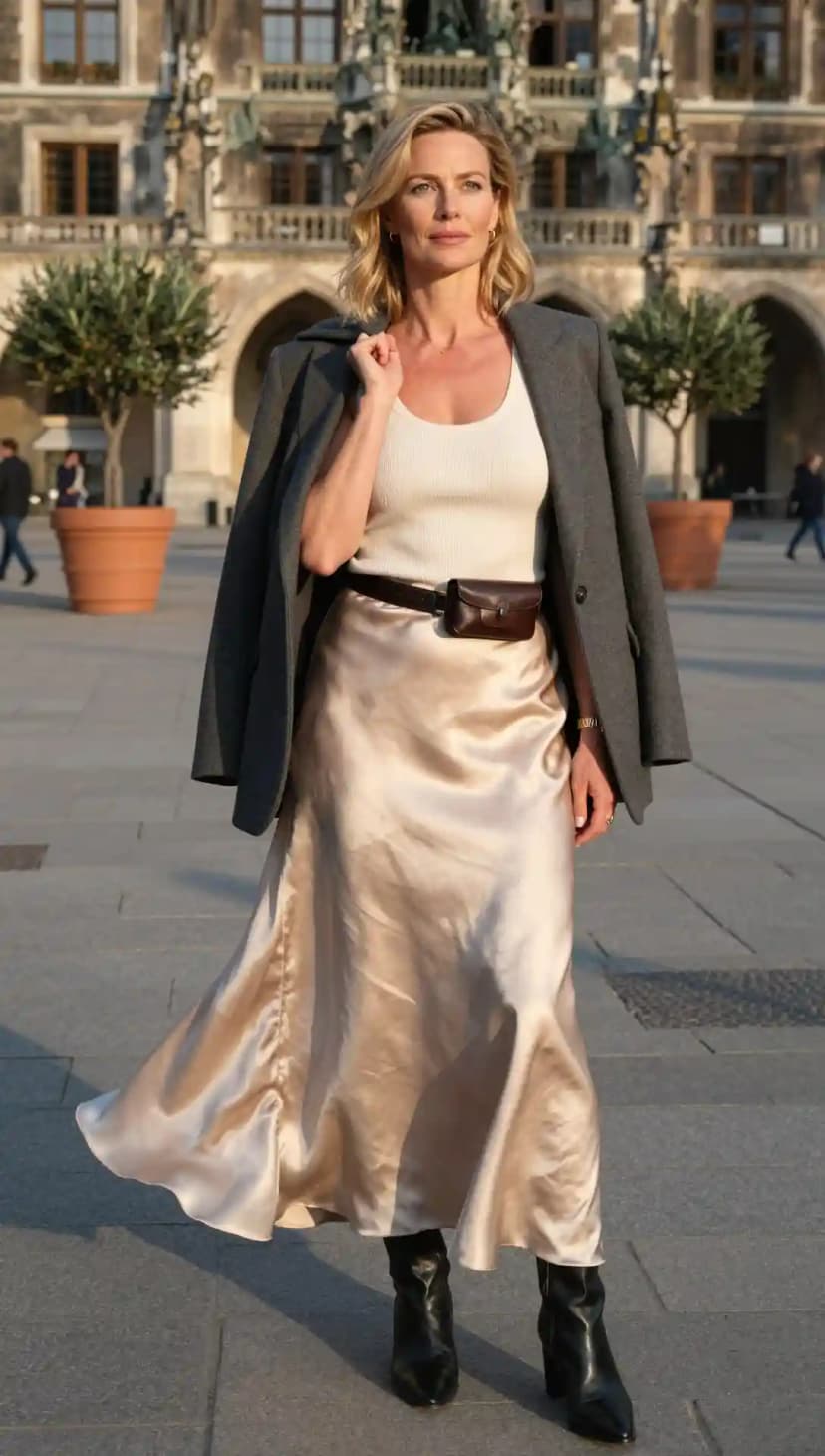 Cream Ribbed Tank Top + Champagne Satin Maxi Skirt + Charcoal Wool Blazer + Black Leather Ankle Boots