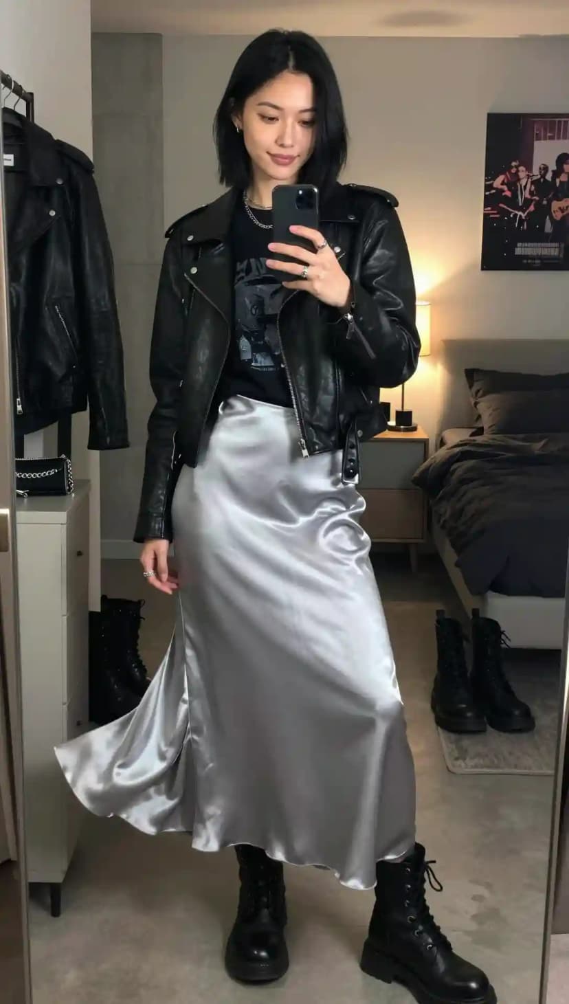 Black Graphic Tee + Silver Satin Maxi Skirt + Black Leather Biker Jacket