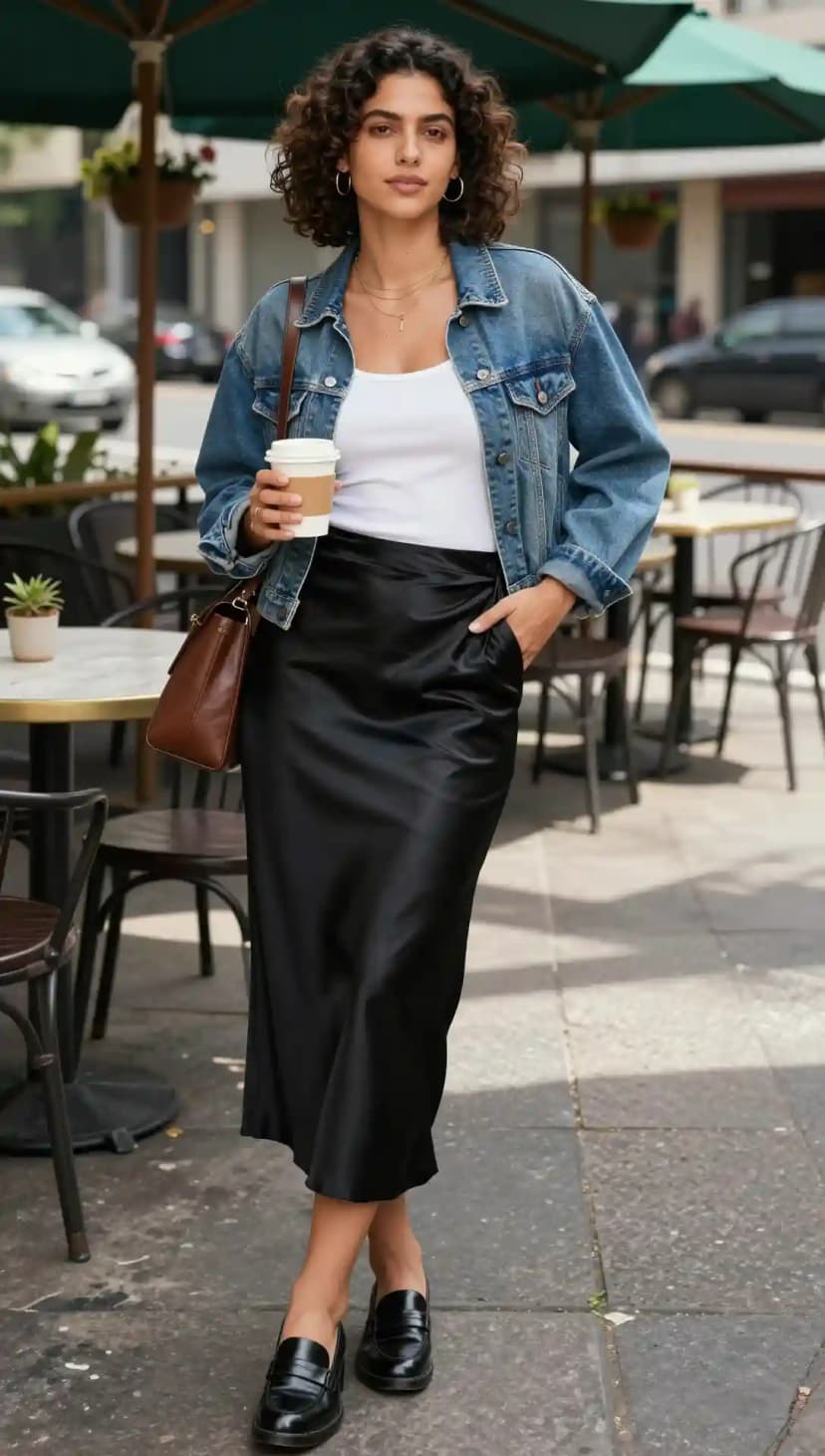 White Cotton Tank Top + Blue Denim Jacket + Black Satin Midi Skirt