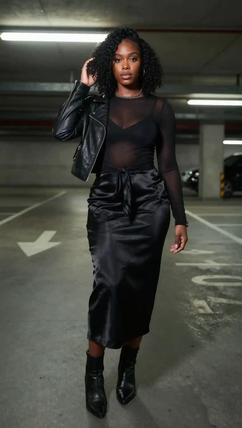 Black Mesh Long Sleeve Top + Black Satin Midi Skirt + Black Leather Moto Jacket