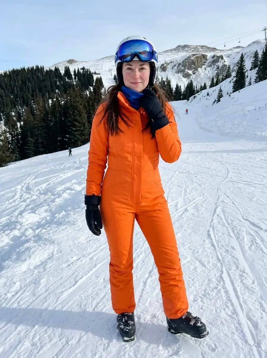 Vibrant tangerine orange ski suit with electric blue neck warmer, blue goggles, and white helmet