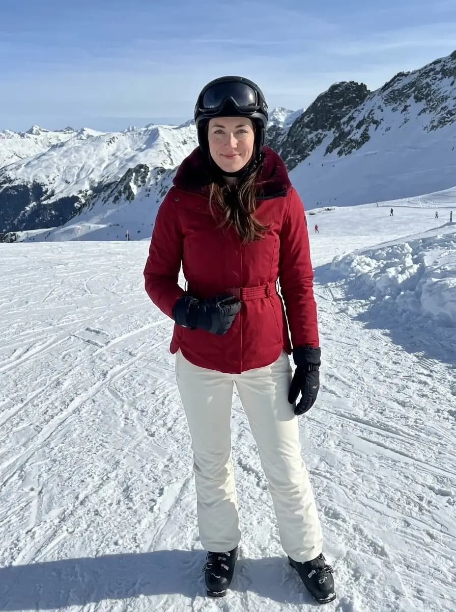 Belted burgundy ski jacket with plush dark collar and crisp cream ski pants