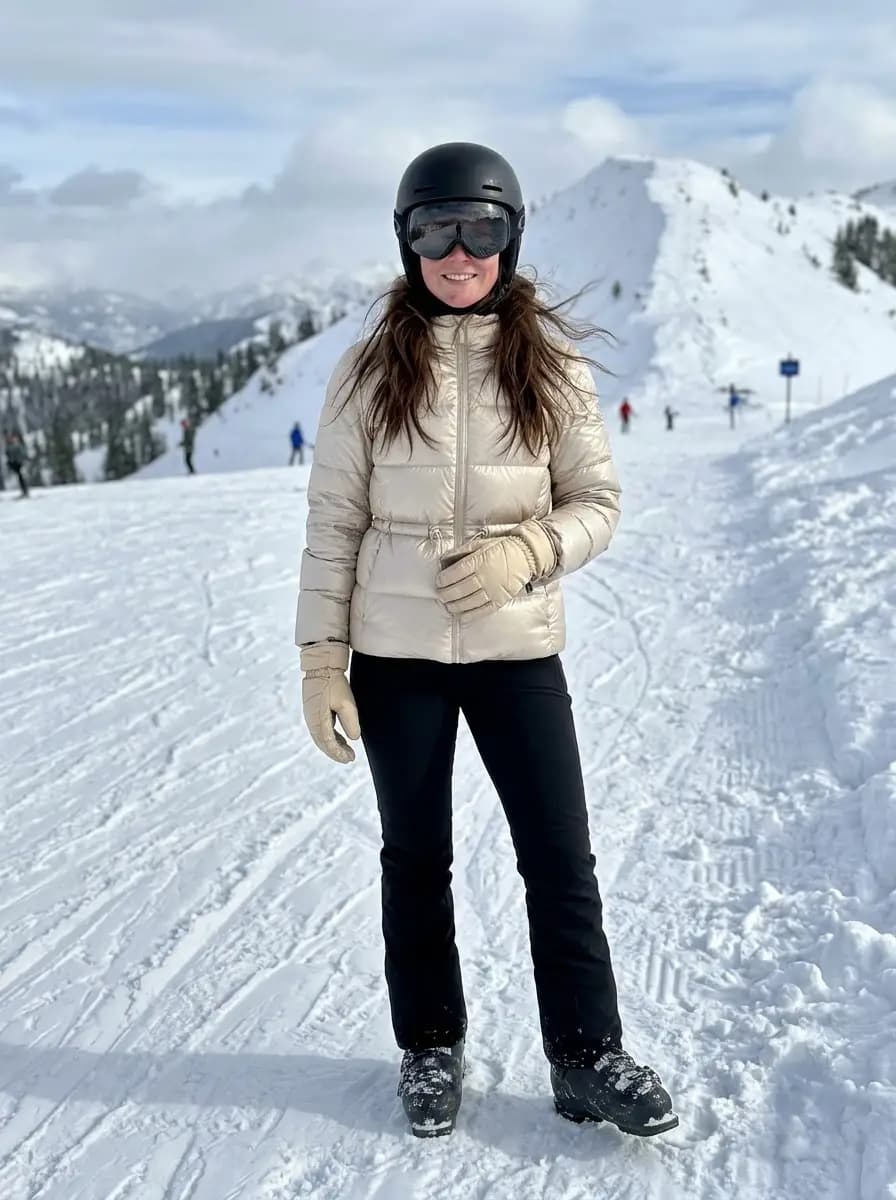 Ivory padded ski jacket with cinched waist, black ski pants, cream gloves, and black helmet