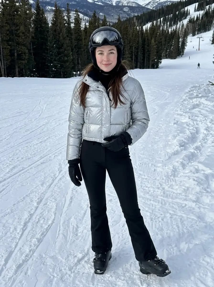 Reflective metallic silver cropped puffer jacket with black ski pants, helmet, and dark goggles